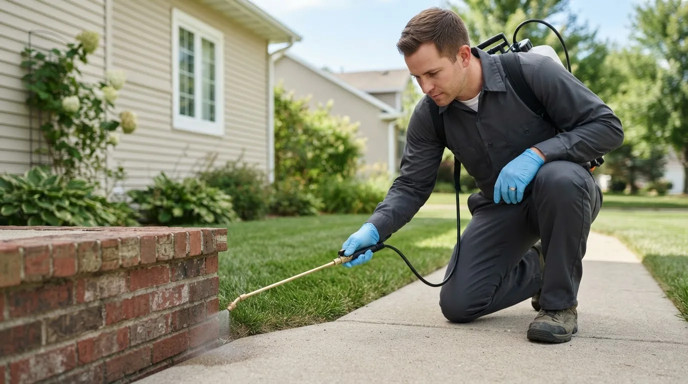 Pest control technician treating a home near Ticonderoga, NY